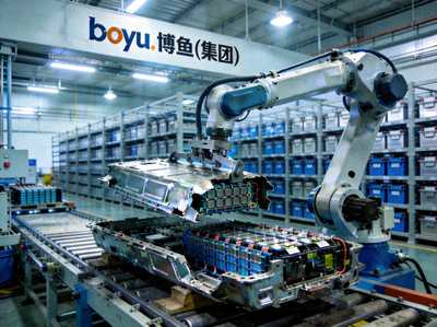 boyu.博鱼(集团)锂电池回收工厂对废旧新能源汽车电池包进行自动化拆解