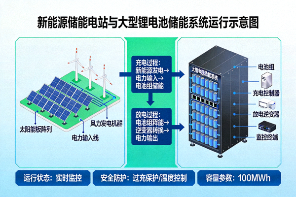 新能源储能电站与大型锂电池储能系统运行示意图